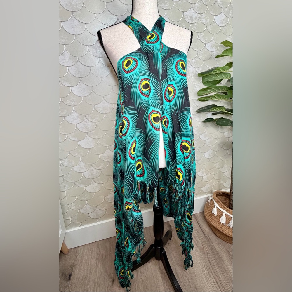 Peacock Coverup with Silver Sequins – Boho Chic Shawl Scarf Wrap